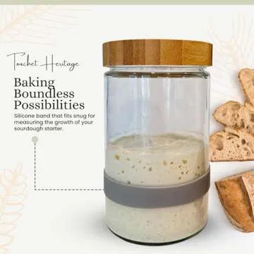 Touchet Heritage Sourdough Starter Jar (32oz) | Sourdough Starter Kit | Thick, Durable Glass w/Bamboo Lid | 6.5” x 4" | Wide Mouth Glass Jar for Sourdough with Wooden Spoon & Silicone Measuring Band