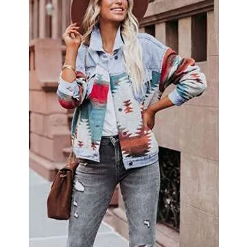 Lumister Women's Vintage Aztec Denim Jacket Shacket