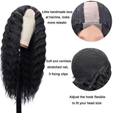 Mairead 28 Inch Long Curly Synthetic Wigs for Black Women Skunk Stripe Wig Side Part Loose Deep Wave Wig Small Lace Front Wigs Natural Looking Crimps Curls Wig