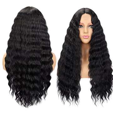 Mairead 28 Inch Long Curly Synthetic Wigs for Black Women Skunk Stripe Wig Side Part Loose Deep Wave Wig Small Lace Front Wigs Natural Looking Crimps Curls Wig