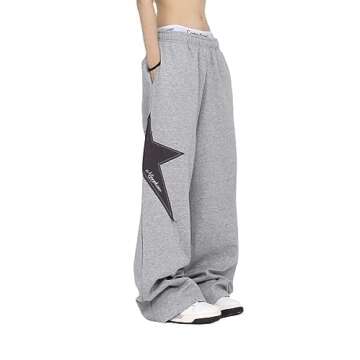 Pooyikoi Women Streetwear Sweatpants Drawstring Elastic Waist Loose Wide Leg Joggers Y2k Star Print Pants Harajuku Trousers (Grey,M,Medium)