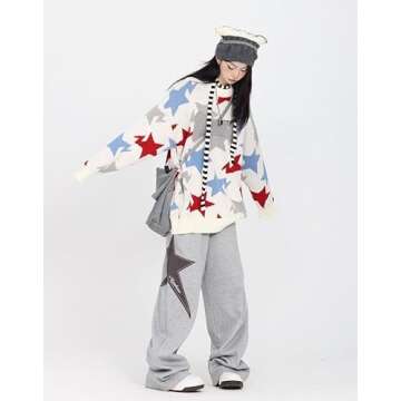 Pooyikoi Women Streetwear Sweatpants Drawstring Elastic Waist Loose Wide Leg Joggers Y2k Star Print Pants Harajuku Trousers (Grey,M,Medium)