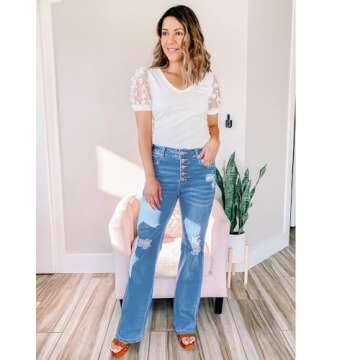 LookbookStore Frayed High Waisted Straight Leg Jeans Stretch Ripped Pants Lapis Air Size Medium Fits Size 8 Size 10