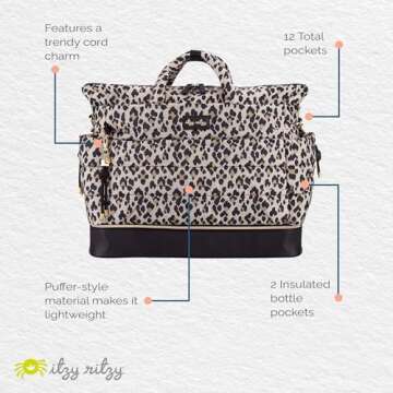 Itzy Ritzy Dream Weekender Lightweight Travel & Hospital Bag Features Base Compartment & 12 Pockets, Leopard
