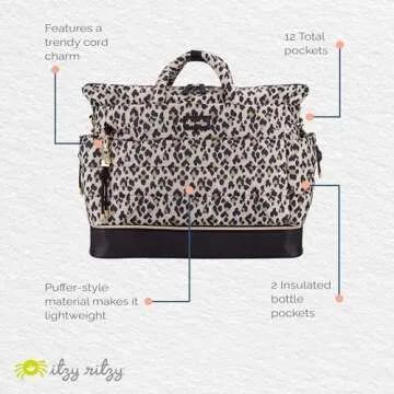 Itzy Ritzy Dream Weekender Lightweight Travel & Hospital Bag Features Base Compartment & 12 Pockets, Leopard