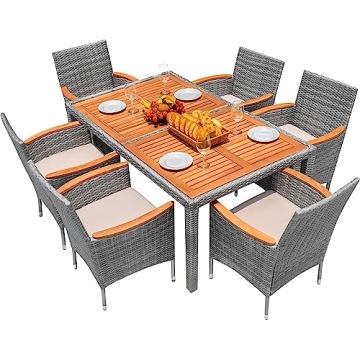 Flamaker 7 Piece Patio Dining Set Outdoor Acacia Wood Table and Chairs with Soft Cushions Wicker Pat...