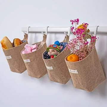 sansheng 4 Pack Wall Hanging Storage Bags Hanging Storage Bags Cotton Linen Storage Basket Foldable Wall Hanging Basket Family Organizer Box Decorative Bag (Color as Shown)3.93 * 3.93 * 5.31