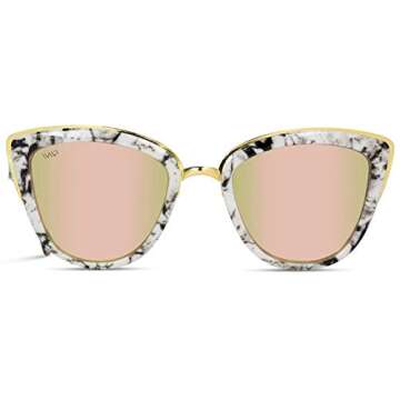 WearMe Pro Womens Cat Eye Mirrored Reflective Lenses Oversized Cateyes Sunglasses (Marble White Frame/Mirror Pink Lens, 54)