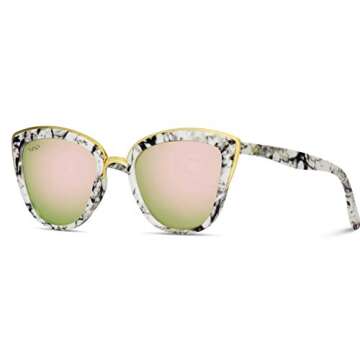 WearMe Pro Womens Cat Eye Mirrored Reflective Lenses Oversized Cateyes Sunglasses (Marble White Frame/Mirror Pink Lens, 54)