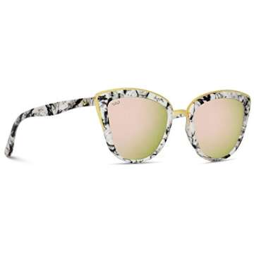 WearMe Pro Womens Cat Eye Mirrored Reflective Lenses Oversized Cateyes Sunglasses (Marble White Frame/Mirror Pink Lens, 54)