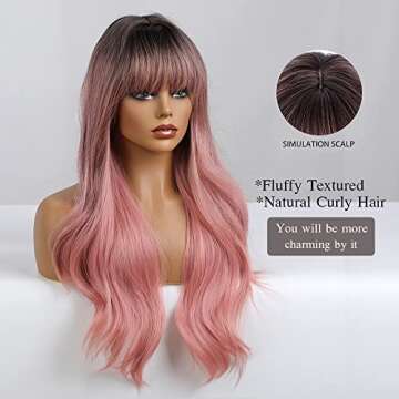 OUFEI 24 Inches Long Wavy Ombre Pink Natural Synthetic Hair Wig for Women with Dark Roots for Daily ...