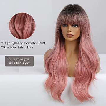 OUFEI 24" Wavy Ombre Pink Synthetic Wig for Women