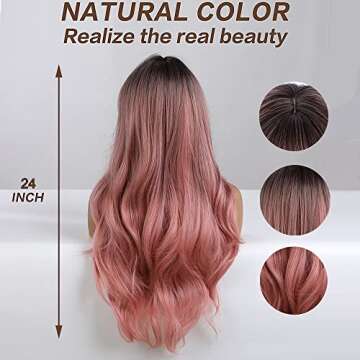 OUFEI 24" Wavy Ombre Pink Synthetic Wig for Women