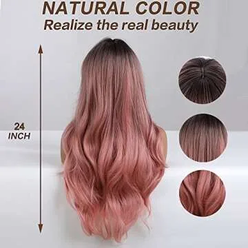 OUFEI 24" Wavy Ombre Pink Synthetic Wig for Women