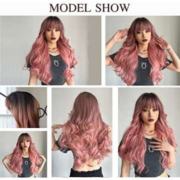 OUFEI 24" Wavy Ombre Pink Synthetic Wig for Women