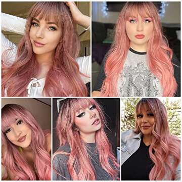 OUFEI 24" Wavy Ombre Pink Synthetic Wig for Women