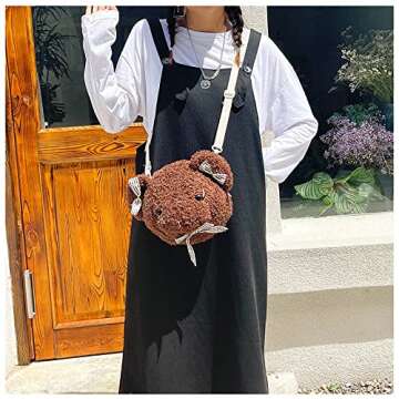 Shoulder Bag Cartoon Faux Fur Teddy Bear Head Handbag for Women Cute Bag Lovely Crossbody Plush Purse Bowknot Brown