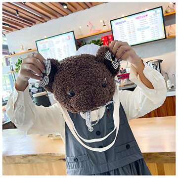 Shoulder Bag Cartoon Faux Fur Teddy Bear Head Handbag for Women Cute Bag Lovely Crossbody Plush Purse Bowknot Brown