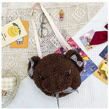 Shoulder Bag Cartoon Faux Fur Teddy Bear Head Handbag for Women Cute Bag Lovely Crossbody Plush Purse Bowknot Brown