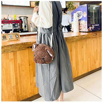 Shoulder Bag Cartoon Faux Fur Teddy Bear Head Handbag for Women Cute Bag Lovely Crossbody Plush Purse Bowknot Brown