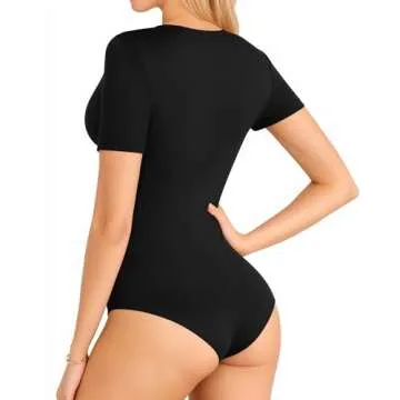 MANGOPOP Sexy Plunge Neck Black Bodysuit for Women