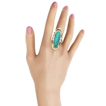 Rosemarie & Jubalee Women's Cowgirl Chic Statement Oval Turquoise Howlite Stone Burnished Gold Tone Concho Adjustable Western Style Cocktail Ring, 1.75"