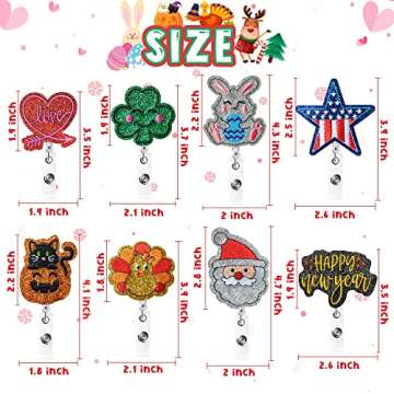 PANTIDE 8Pcs Holiday Badge Reels Love Heart Clover Bunny Embroidered Retractable Felt Name ID Card D...