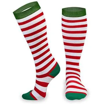 Gone For a Run Knee High Half Cushioned Athletic Running Sock | Running Christmas Elf (Red and White Stripes/Green) one size fits all