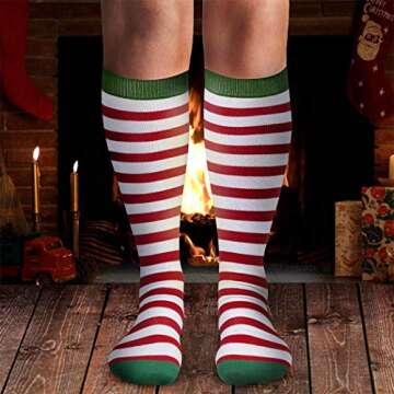 Gone For a Run Knee High Half Cushioned Athletic Running Sock | Running Christmas Elf (Red and White Stripes/Green) one size fits all