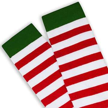 Gone For a Run Knee High Half Cushioned Athletic Running Sock | Running Christmas Elf (Red and White Stripes/Green) one size fits all