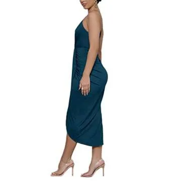 LYANER V Neck Ruched Spaghetti Strap Midi Dress