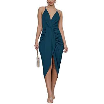 LYANER V Neck Ruched Spaghetti Strap Midi Dress