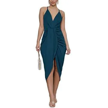 LYANER V Neck Ruched Spaghetti Strap Midi Dress