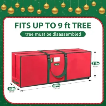 BlessedSeason Christmas Tree Storage Bag, Rolling Storage Bag with 1.6-Inch Wheels for Easy Transport, Up to 9 ft For Disassembled Holiday Tree, Zippered Bag, Length-Adjustable Handles, Red