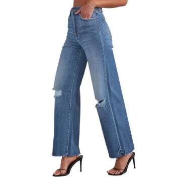 Allimy High Rise Wide Leg Ripped Jeans for Women High Waist Stretch Classic Capri Jeans Denim Pants Dark Wash Blue Size 4