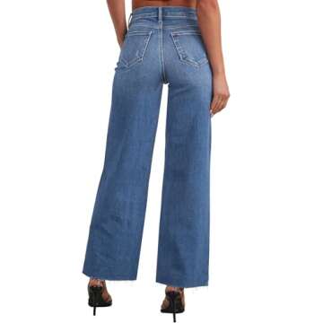 Allimy High Rise Wide Leg Ripped Jeans for Women High Waist Stretch Classic Capri Jeans Denim Pants Dark Wash Blue Size 4