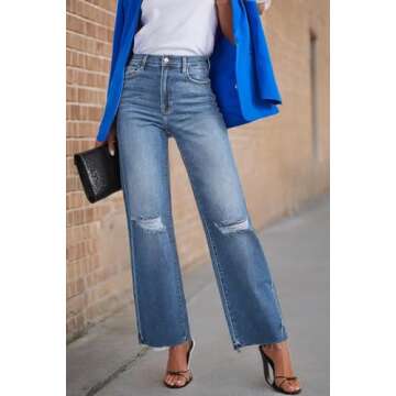Allimy High Rise Wide Leg Ripped Jeans for Women High Waist Stretch Classic Capri Jeans Denim Pants Dark Wash Blue Size 4