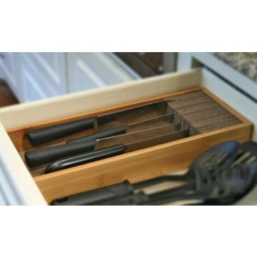 KNIFEdock Knife Drawer Organizer - Bamboo In-Drawer Kitchen Knife Storage Insert - Space-Saving Cork...