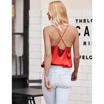 Ekouaer Satin Cowl Neck Tank Top Women Camisole Silky Loose Sleeveless Basic Blouse Ladies Satin Tan...