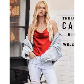 Ekouaer Satin Cowl Neck Tank Top Women Camisole Silky Loose Sleeveless Basic Blouse Ladies Satin Tank Shirt Red