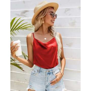 Ekouaer Satin Cowl Neck Tank Top Women Camisole Silky Loose Sleeveless Basic Blouse Ladies Satin Tank Shirt Red