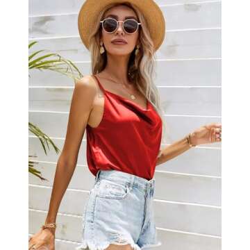Ekouaer Satin Cowl Neck Tank Top Women Camisole Silky Loose Sleeveless Basic Blouse Ladies Satin Tank Shirt Red