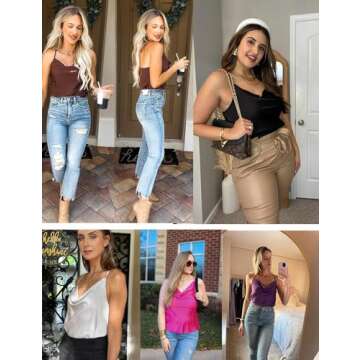 Ekouaer Satin Cowl Neck Tank Top Women Camisole Silky Loose Sleeveless Basic Blouse Ladies Satin Tank Shirt Red