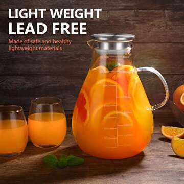 Glass Pitcher with Lid, 112.6oz Glass Water Pitcher with Precise Scale Line, HOUSALE 18/8 Stainless Steel Iced Tea Pitcher, Easy Clean Heat Resistant Borosilicate Glass for Milk, Cold & Hot Beverages