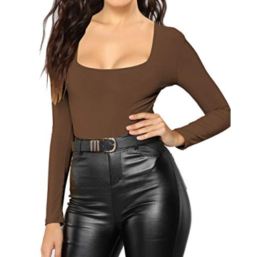MANGDIUP Women's Essential Bodysuit Scoop Neck Long Sleeve