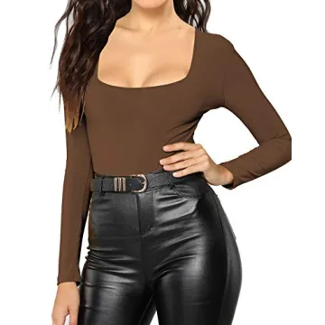 MANGDIUP Women's Essential Bodysuit Scoop Neck Long Sleeve