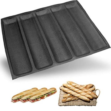 masteymoh 5-Cavity French Bread Baking Pan, Hoagie Rolls Pan, Soft Foldable for Easy Storage, Non-St...