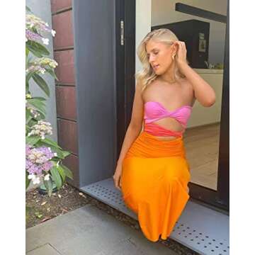 Women Cutout Backless Maxi Dress Sexy Sleeveless Split Cocktail Dresses Bodycon Spaghetti Strap Long Dress Party(Orange Pink,Small)