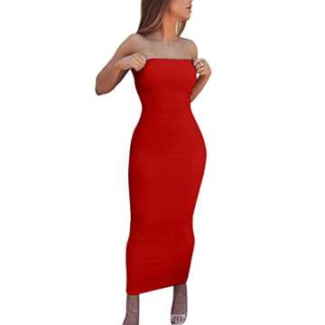 BORIFLORS Women's Basic Sleeveless Tube Top Sexy Strapless Bodycon Midi Club Dress,Small,Red