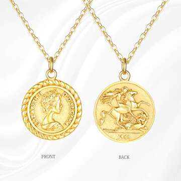 MEVECCO Carved Gold Coin Pendant Necklace for Women 18K Gold Plated Dainty Minimalist Necklace for Women